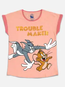 Kids Ville Girls Pink & Yellow Tom & Jerry Printed Extended Sleeves Pure Cotton T-shirt