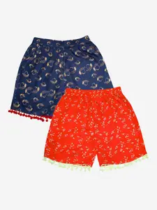 KiddoPanti Girls Navy Blue Set Of 2 Floral Printed Regular Fit Shorts