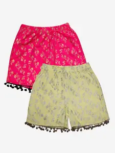 KiddoPanti Girls Pack Of 2 Pink & Lime Yellow Floral Printed Shorts