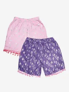 KiddoPanti Girls Pack of 2 Purple & Pink Printed Shorts