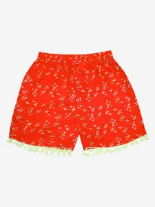 KiddoPanti Girls Red Printed Shorts