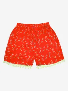 KiddoPanti Girls Red Printed Shorts