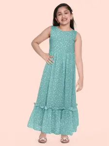 Ethnovog Girls Blue  White Made To Measure Printed Georgette Dress