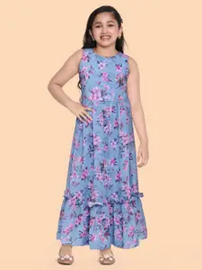 Ethnovog Girls Blue  Pink Made To Measure Floral Georgette A-Line Dress