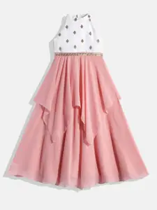 Ethnovog Girls Pink  White Made To Measure Georgette A-Line Maxi Dress