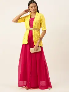 Ethnovog Made To Measure Pink  Yellow Sequined Co-ord Set Ehnic jacket  Belt