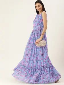 Ethnovog Blue  Pink Floral Georgette Maxi Dress