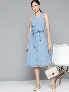 Chemistry Blue Pure Cotton Denim A-Line Midi Dress with Belt