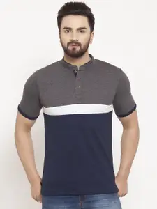Kalt Men Navy Blue & Grey Colourblocked Mandarin Collar T-shirt