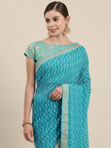 Mitera Women Blue & White Embroidered Pure Georgette Bandhani Saree