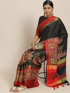 SERONA FABRICS Women Black & Red Ethnic Motifs Mirror Work Embroidered Saree