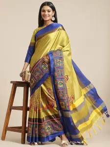 SERONA FABRICS Yellow & Blue Ethnic Motifs Kutchi Embroidery Silk Cotton  Saree