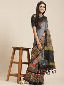 SERONA FABRICS Grey & Black Embellished Kutchi Embroidery Silk Cotton Saree