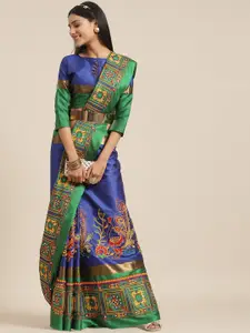 SERONA FABRICS Blue & Green Embellished Kutchi Embroidery Silk Cotton Saree