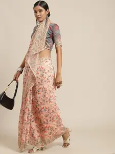 SERONA FABRICS Women Peach-Coloured & Grey Floral Printed Saree