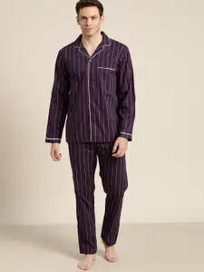 Hancock Men Purple Pure Cotton Striped Pyjama Set