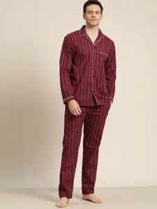 Hancock Men Maroon Pure Cotton Striped Pyjama Set