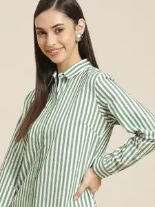 Hancock Women Green  Striped Standard Slim Fit Pure Cotton Formal Shirt