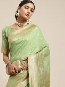 Saree mall Green & Gold-Toned Ethnic Motifs Zari Silk Cotton Banarasi Sarees