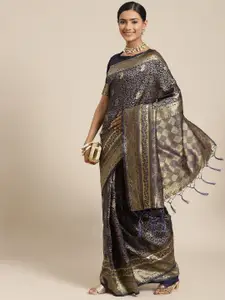 Saree mall Navy Blue & Gold-Toned Ethnic Motifs Zari Silk Blend Banarasi Sarees