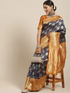 Saree mall Navy Blue & Gold-Toned Ethnic Motifs Zari Silk Blend Paithani Sarees