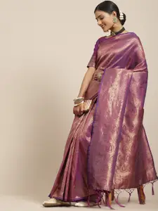 Saree mall Purple & Gold-Toned Ethnic Motifs Zari Silk Blend Kanjeevaram Sarees