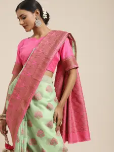 Saree mall Green & Pink Floral Zari Linen Blend Banarasi Sarees