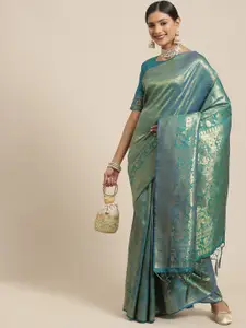 Saree mall Teal & Gold-Toned Ethnic Motifs Zari Silk Blend Kanjeevaram Sarees