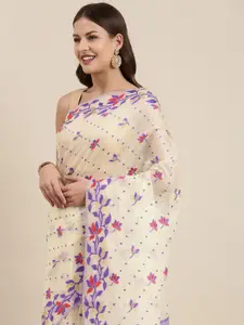 VASTRANAND Blue & White Floral Zari Silk Cotton Jamdani Saree