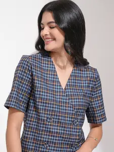 CHIC BY TOKYO TALKIES Women Blue Checked Casual Blazer