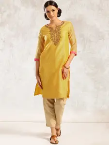 Anouk Women Yellow Embroidered A-Line Kurta