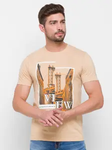 Globus Men Beige Printed Pure Cotton T-shirt