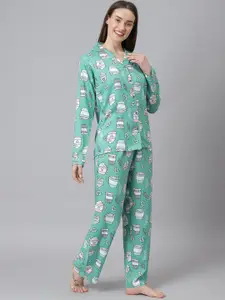 Cation Women Green & White Printed Night Suit