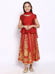 AURELIA Girls Red & Gold-Toned Printed Ready to Wear Fusion Lehenga & Blouse With Dupatta
