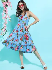 Tokyo Talkies Women Stunning Blue Floral Dress