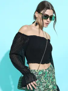 Tokyo Talkies Black Off-Shoulder Smocked Bardot Crop Top