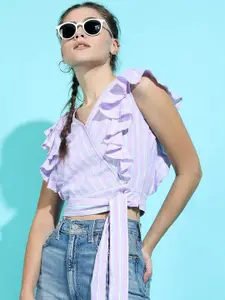 Tokyo Talkies Purple & White Striped Ruffles Wrap Crop Top