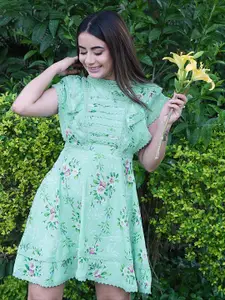 Tokyo Talkies Women Alluring Turquoise Blue Floral Dress