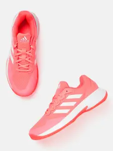 ADIDAS Women Coral Pink & White Woven Design Gamecourt 2.0 Tennis Shoes