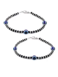 EL REGALO Set of 2 German Silver Blue & Black Evil Eye Beaded Anklets