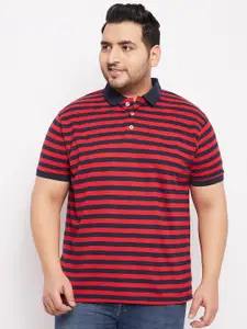 bigbanana Men Plus Size Red & Navy Blue Striped Polo Collar Bio Finish T-shirt