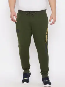 ARDEUR Men Plus Size Olive Green Solid Pure Cotton Joggers With Printed Detail