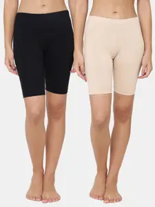 Leading Lady Women Nude & Black Set Of 2 Solid High-Rise Lounge Shorts