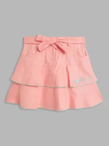 ELLE Girls Pink Solid Pure Cotton Tiered Skirt