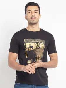 Status Quo Men Black Graphic Printed Round Neck Cotton T-shirt