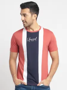 Status Quo Men Navy Blue & Coral Striped Applique Cotton T-shirt