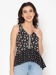 FLAWLESS Black Floral Print Cinched Waist Top