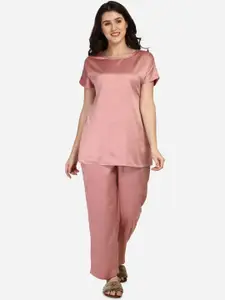 Smarty Pants Women Rose Gold Silk Satin Solid Night Suit