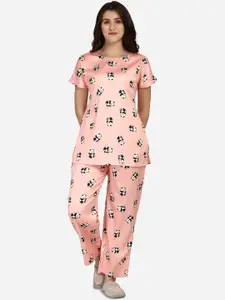 Smarty Pants Women Pink & White Panda Printed Night suit