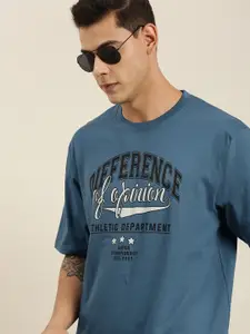 Difference of Opinion Men Blue Typography Print Drop-Shoulder Sleeves Pure Cotton T-shirt